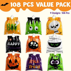 108-Pc Halloween Drawstring Goodie Bags - 9 Character Designs