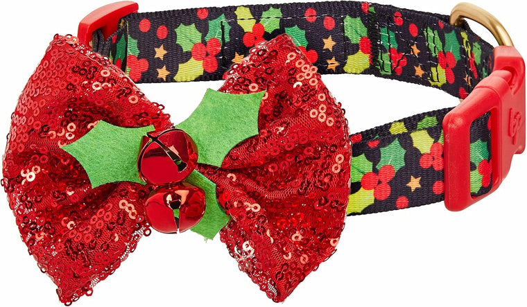 Christmas Holly Dog Collar with Bowtie – Small 12
