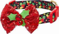 Christmas Holly Dog Collar with Bowtie – Small 12"-16"