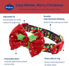 Christmas Holly Dog Collar with Bowtie, Small Adjustable 12"-16" Neck, Holiday Collar for Small Dogs