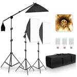 PhotoStudio® - Professional Photo Studio Softbox Lights Continuous Lighting Kit Equipment Boom Arm 3Pcs Soft Box,Yellow Bulb With Sandbag